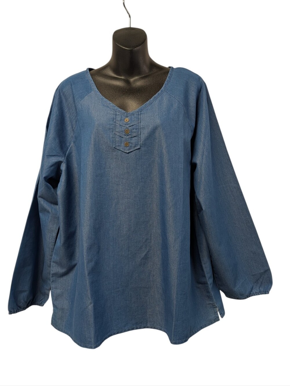 Blair Blue Chambray Henley Tunic Top NWOT XL Long Sleeve Denim Look Boho NWOT